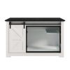 46" Farmhouse Cat Litter Box Enclosure with Sliding Barn Door, White Large Hidden Acrylic Door Cat Cabienet with LED Light